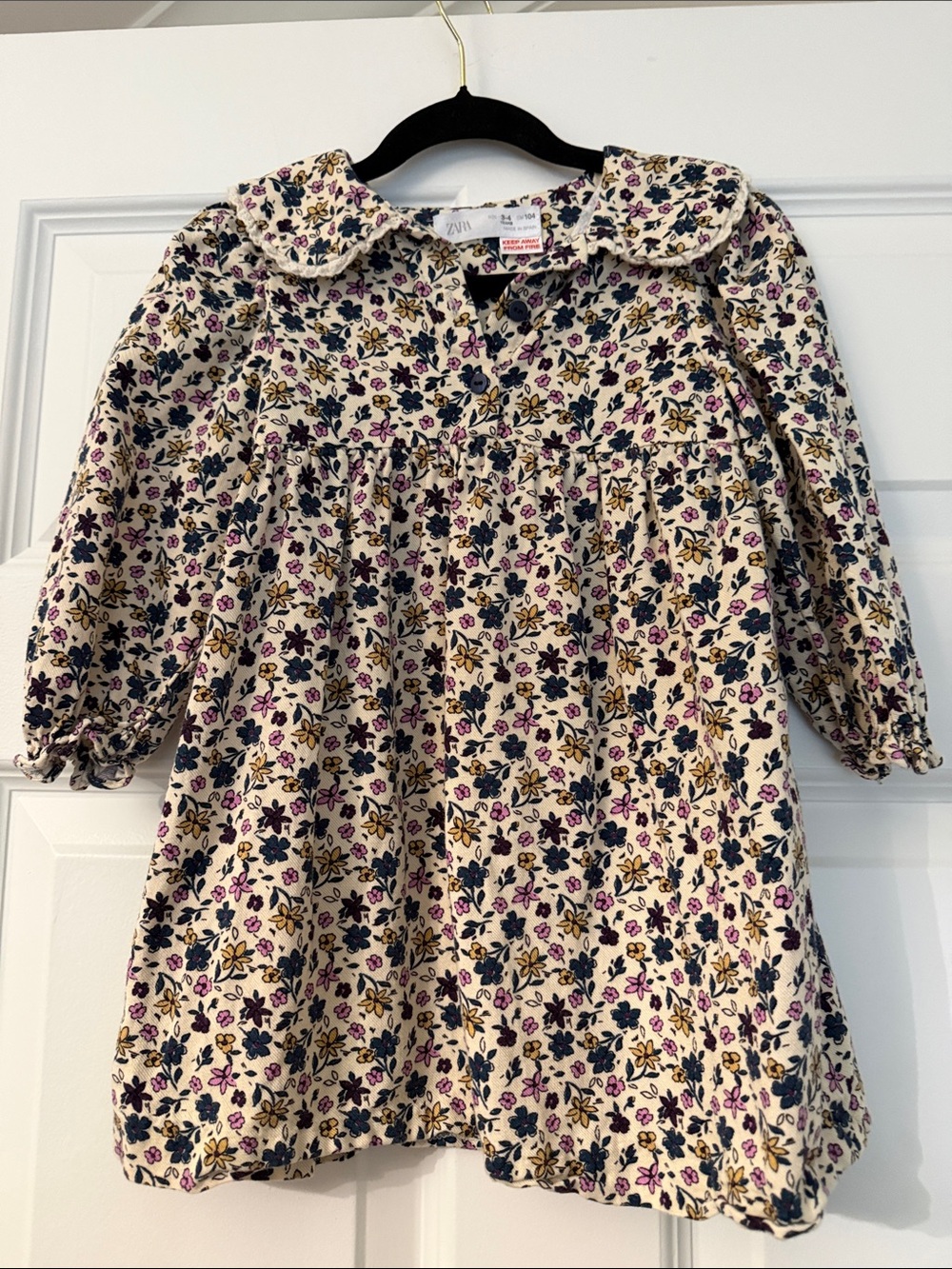 Zara Cream Floral Long-Sleeve Dress Top with Navy & Purple Flowers 3-4